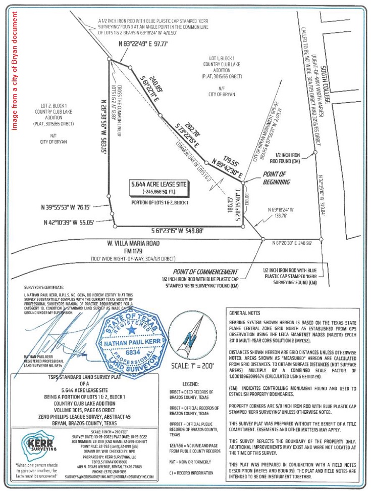 Image from a city of Bryan document showing the location of the MIdtown Park movie, bowling, and recreation complex.