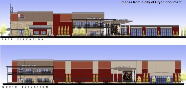 Image from a city of Bryan document showing renderings of the exterior of the Midtown Park movie, bowling, and recreation complex.