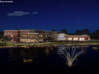 Image of the architect's rendering of "Schulman's Movie Bowl Grille" from a city of Bryan document.