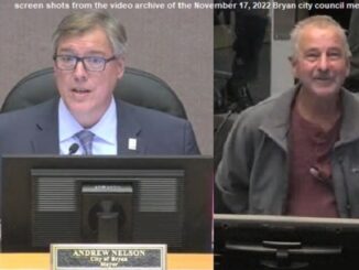 Screen shots of (L-R) Andrew Nelson and Patrick Giammalva from the video archive of the November 17, 2022 Bryan city council meeting.