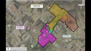 Map from the city of Bryan showing the location of four property owners involved in a future extension of a city sewer line.