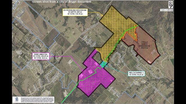 Map from the city of Bryan showing the location of four property owners involved in a future extension of a city sewer line.
