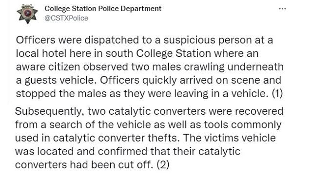 Screen shots from the College Station police department's Twitter account.