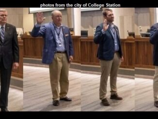 Photos from the city of College Station of (L-R) new mayor John Nichols and new councilmen Mark Smith, William Wright, and Bob Yancy.