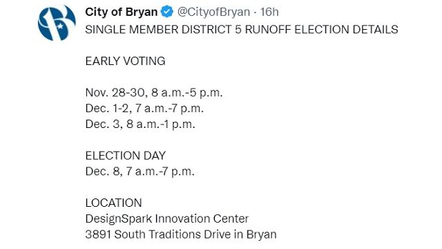 Screen shot from the city of Bryan's Twitter account.