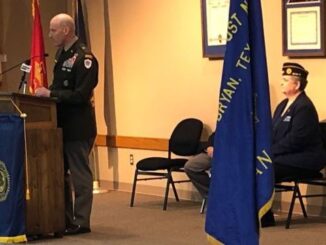 (L-R) Texas A&M corps of cadets commandant and retired Army general Patrick Michaelis and Bryan American Legion post 159 commander Dale Hutchcraft.