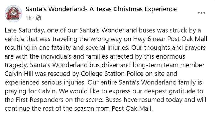 Texas crash: Wrong-way driver slams into Santa's Wonderland bus