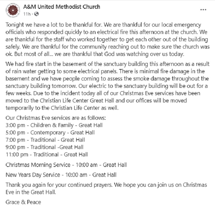Screen shot from the A&M United Methodist Church Facebook page.