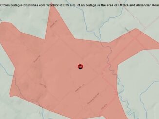 Screen shot from outages.btutilities.com 12/23/22 at 9:55 of an outage in the area of FM 974 and Alexander Road.