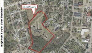 Image from a city of Bryan document showing an aerial view of Twin City Mission's rezoning area.