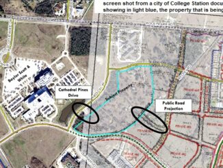 Screen shot from a city of College Station document, showing in light blue, the property that is being rezoned.