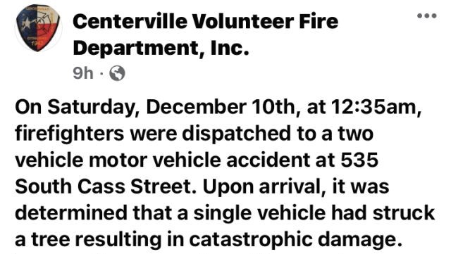 Screen shot from the Centerville volunteer fire department Facebook page.