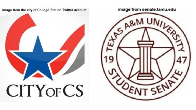 Images from (L) the city of College Station's Twitter account and (R) the Texas A&M student senate website.