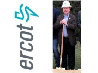 (L-R) ERCOT logo from ERCOT's website and ERCOT board vice chairman Bill Flores at the groundbreaking of BTU's new administration building on December 6, 2022.