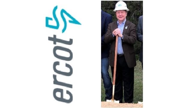 (L-R) ERCOT logo from ERCOT's website and ERCOT board vice chairman Bill Flores at the groundbreaking of BTU's new administration building on December 6, 2022.