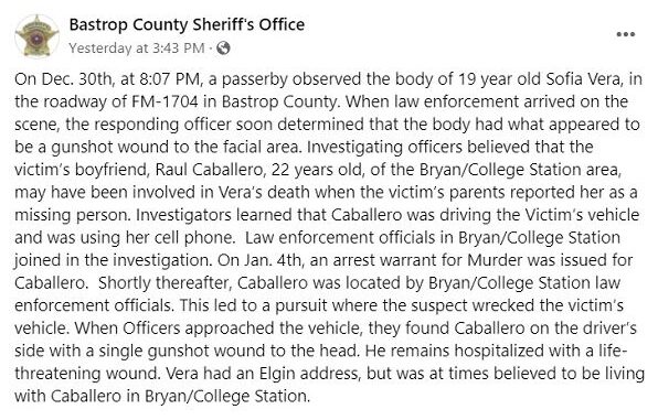 Screen shot from the Bastrop County sheriff's office Facebook page.