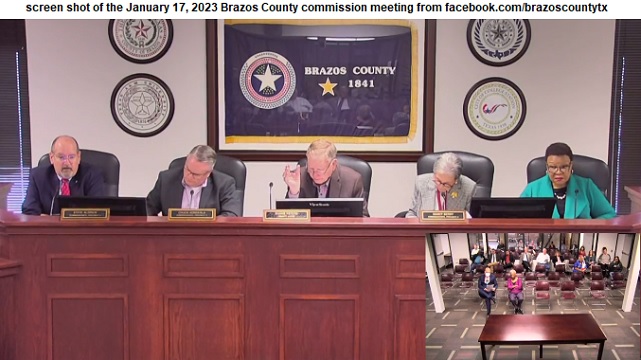 Screen shot of the January 17, 2023 Brazos County commission meeting video from facebook.com/brazoscountytx.gov