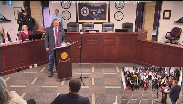 Screen shot from the Facebook page BrazosCountyTX, with county judge Duane Peters at the podium.