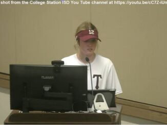 Consolidated High School freshman Molly Meadows, speaking during the January 17, 2023 College Station ISD school board workshop meeting, is a screen shot from the College Station ISD You Tube channel at https://youtu.be/cC7Z-iUnLuw