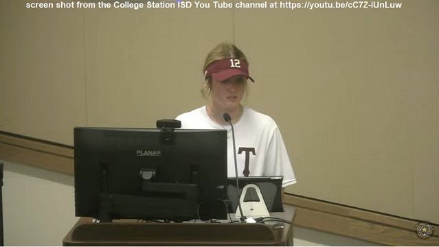 Consolidated High School freshman Molly Meadows, speaking during the January 17, 2023 College Station ISD school board workshop meeting, is a screen shot from the College Station ISD You Tube channel at https://youtu.be/cC7Z-iUnLuw