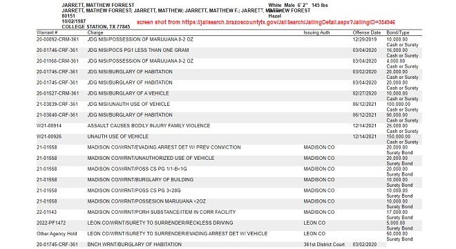 Screen shot of Matthew Jarrett's jail booking from screen shot from https://jailsearch.brazoscountytx.gov/JailSearch/JailingDetail.aspx?JailingID=354946