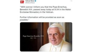 Screen shot from the Twitter account @VaticanNews, which is "a service provided by the Holy See's Dicastery for Communication. Follow us for news about Pope Francis, the Vatican, and the Church."
