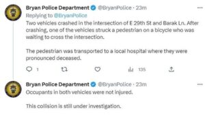 Screen shot from the Bryan police department's Twitter account.