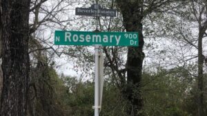 Street signs showing Beverley Estates and Rosemary Drive, February 24, 2023.