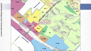 Screen shot from a city of Bryan document, showing in the red box the location of the proposed development.