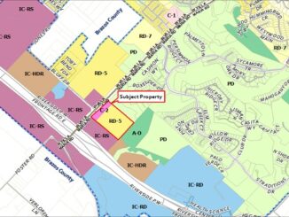 Screen shot from a city of Bryan document, showing in the red box the location of the proposed development.