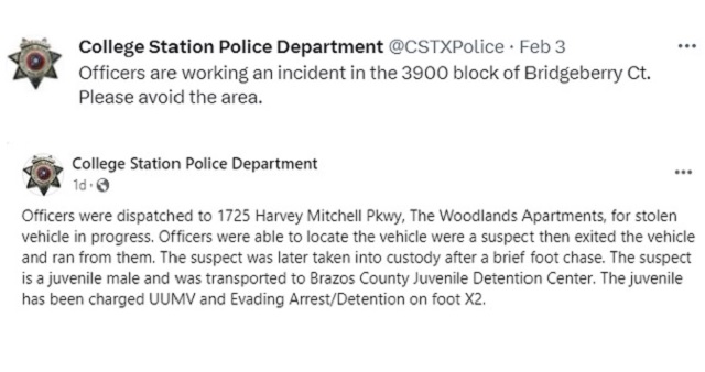 Screen shots from the College Station police department's Twitter and Facebook accounts.