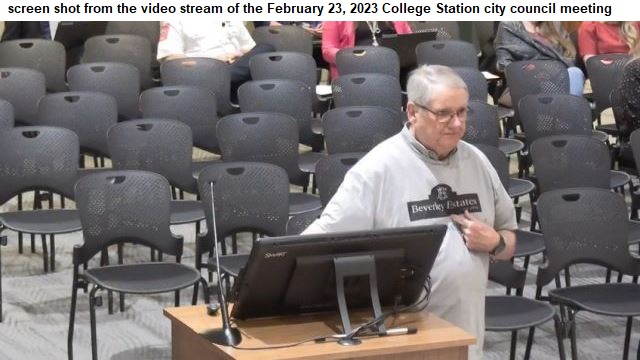 Screen shot from the video stream of the February 23, 2023 College Station city council meeting of Beverley Estates homeowner John Halsell.