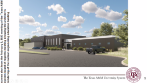 Screen shot from the webstream of the February 9, 2023 Texas A&M system board of regents meeting of the architect's rendering of the nuclear engineering education building.