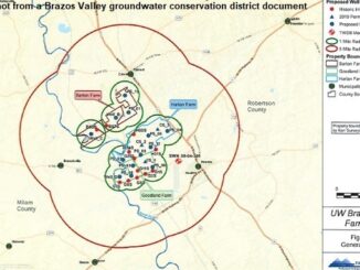 Screen shot from a Brazos Valley groundwater conservation district map showing the location of wells where water will be exported to Travis, Williamson, Bell, and/or Milam counties.