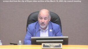 Screen shot of Bryan mayor Bobby Gutierrez from the city of Bryan video archive of the March 14, 2022 city council meeting.