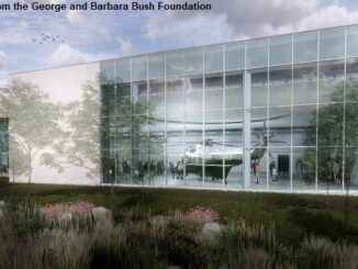 Image from the George and Barbara Bush Foundation showing the Marine One helicopter inside the Bush Library & Museum addition.