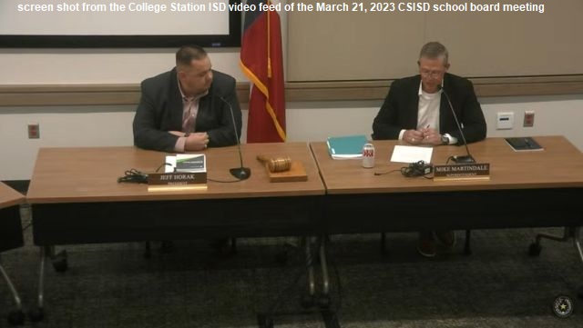 Screen shot from the College Station ISD video feed of the March 21, 2023 school board meeting, showing (L-R) board president Jeff Horak and superintendent Mike Martindale.