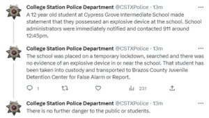 Screen shots from the College Station police department's Twitter account.
