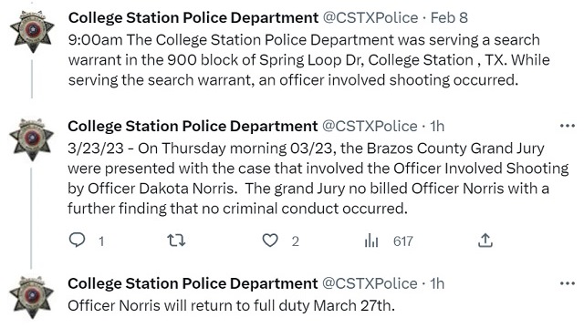 Screen shots from the College Station police department's Twitter account.