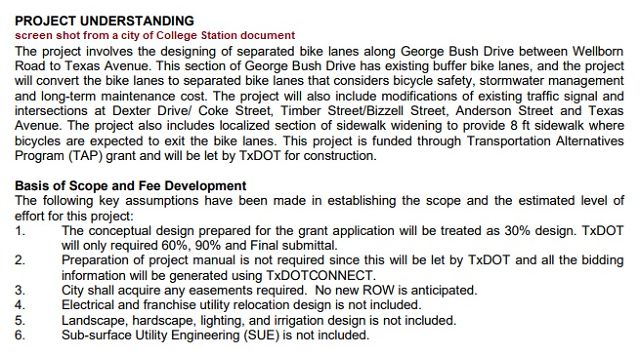 Screen shot from a city of College Station document detailing the scope of the separated bike lane project on George Bush Drive.