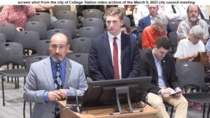 Screen shot from the video archive of the March 9, 2023 College Station city council meeting of (L-R) Joe Ramirez and Case Harris.