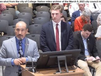 Screen shot from the video archive of the March 9, 2023 College Station city council meeting of (L-R) Joe Ramirez and Case Harris.