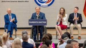 Photo from Governor Abbott's office of the governor's appearance at Brazos Christian School in Bryan on March 7, 2023.