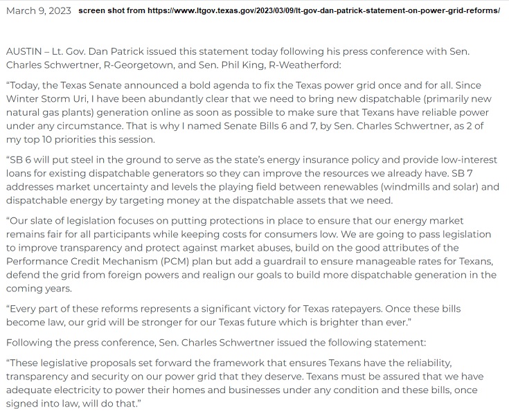 Screen shot from https://www.ltgov.texas.gov/2023/03/09/lt-gov-dan-patrick-statement-on-power-grid-reforms/