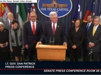 Screen shot from the Texas Senate video stream from a March 9, 2023 news conference with Lt. Gov. Dan Patrick at the podium. To Patrick's right is Sen. Charles Schwertner and to Patrick's left is Sen. Lois Kolkhorst.