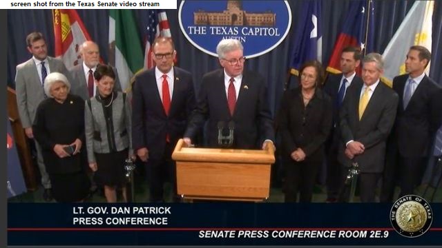 Screen shot from the Texas Senate video stream from a March 9, 2023 news conference with Lt. Gov. Dan Patrick at the podium. To Patrick's right is Sen. Charles Schwertner and to Patrick's left is Sen. Lois Kolkhorst.