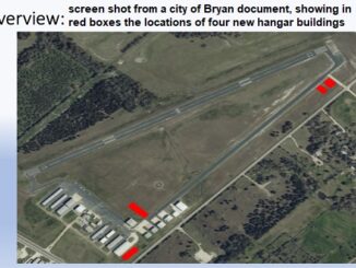 Screen shot from a city of Bryan document, showing in red boxes the locations of four new hangar buildings.