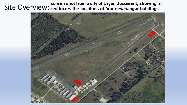 Screen shot from a city of Bryan document, showing in red boxes the locations of four new hangar buildings.