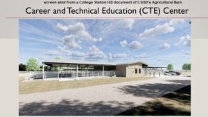 Screen shot from a College Station ISD document of the architectural rendering of CSISD's future agricultural barn.