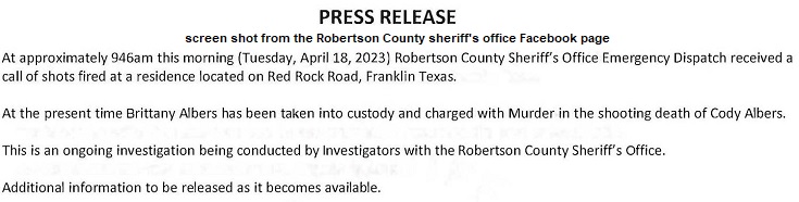 Robertson County Sheriff s Office Investigation Of A Shooting Northeast